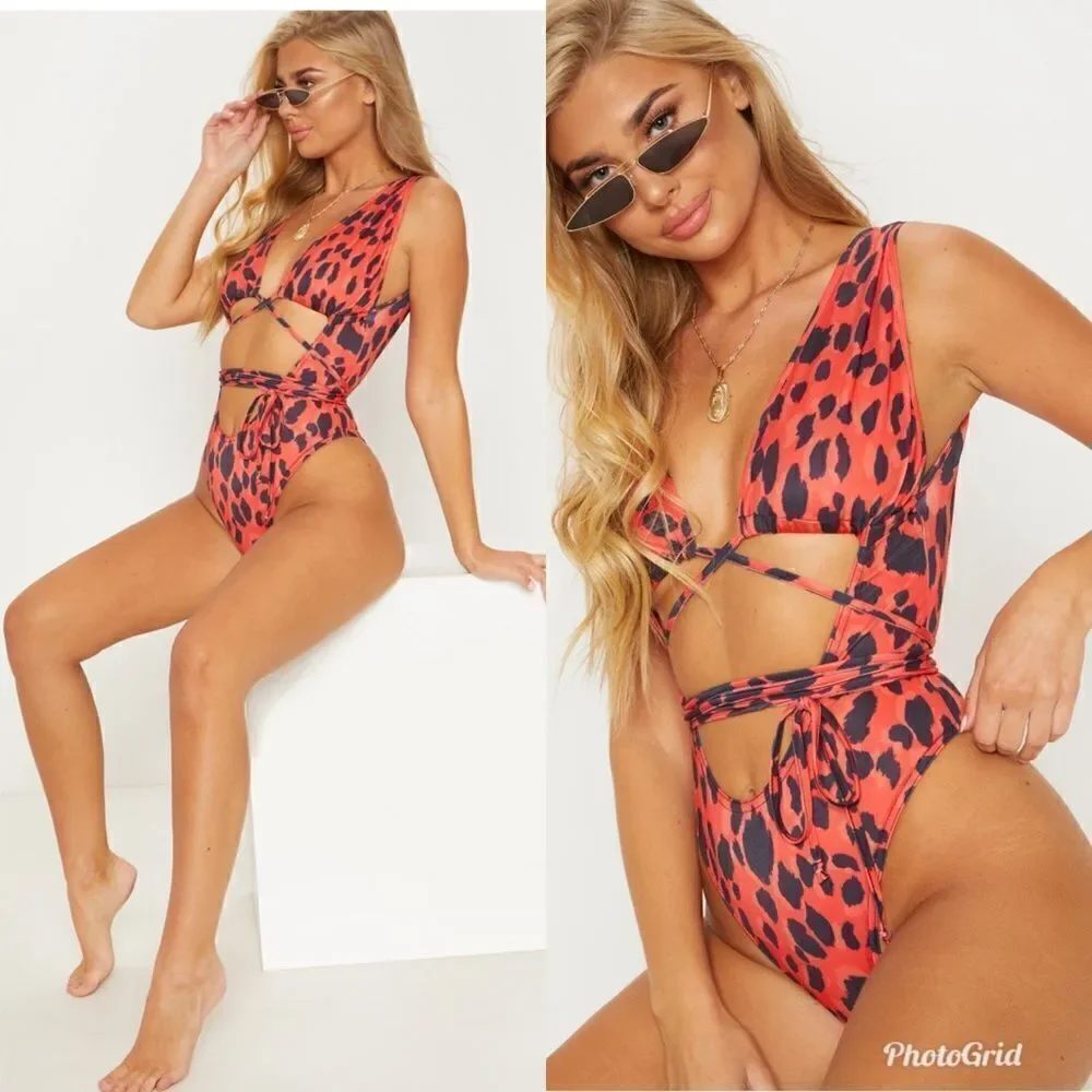 Prettylittlething Red Leopard Cut Out Wrap Around Swimsuit One Piece